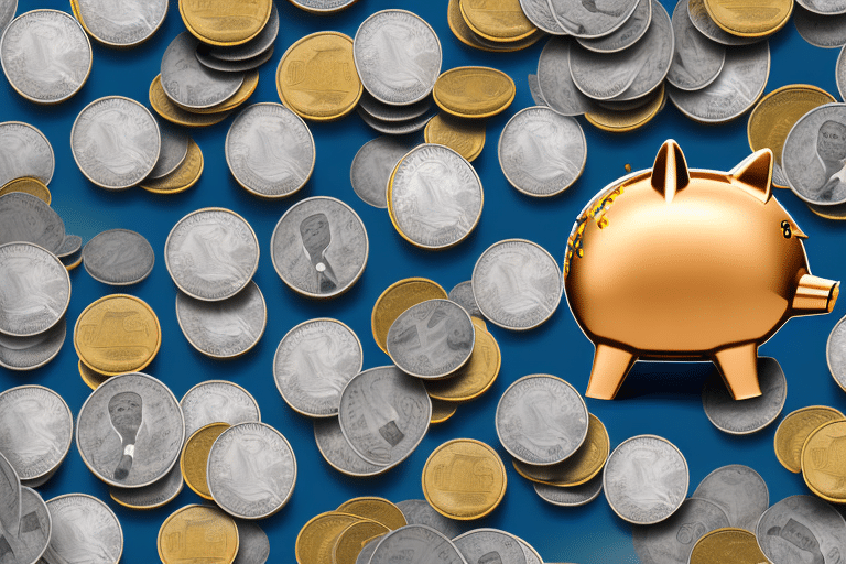 The question how can I save $1000 fast is presented by an AI art of coins around a golden piggy bank.
