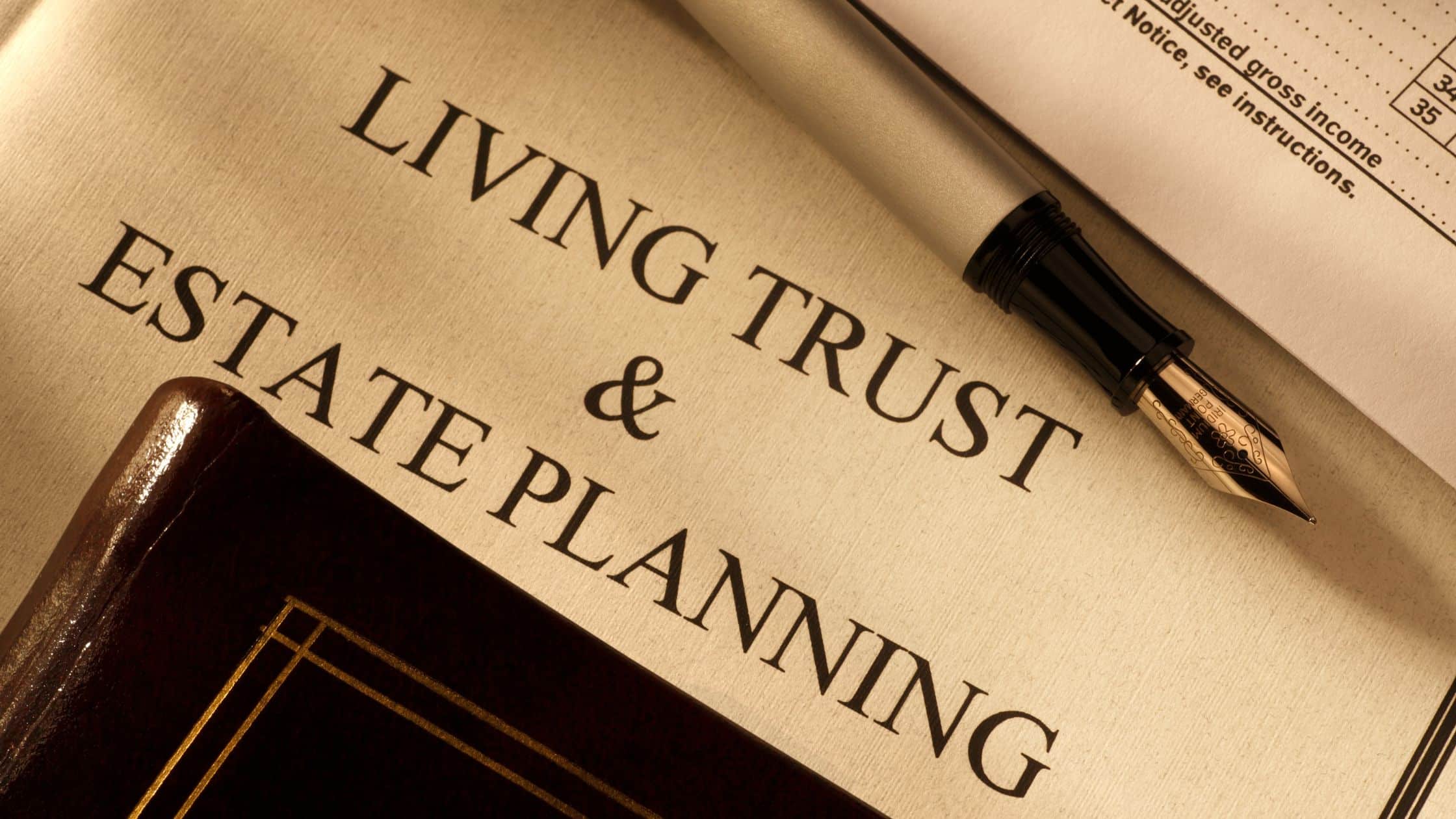 An open book titled "Living Trust & Estate Planning" lying on a wooden desk, suggesting who needs estate planning - anyone looking to create a living trust or plan their estate to protect their assets and provide for their beneficiaries.