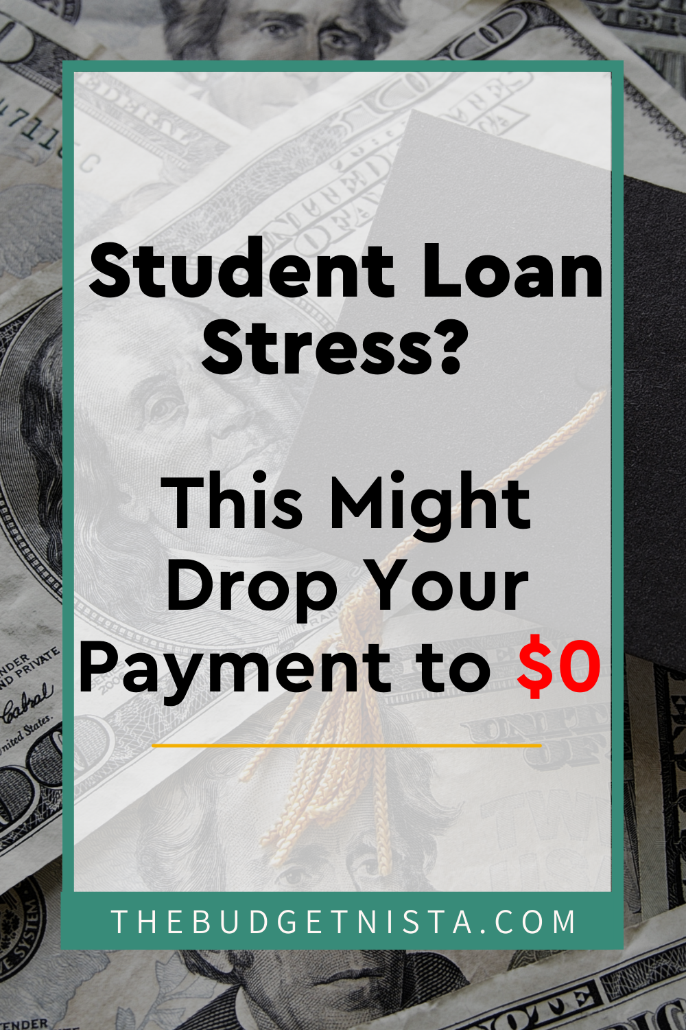 Image of US dollar bills with text overlay: "Student Loan Stress? This Might Drop Your Payment to $0" and The Budgetnista website URL at bottom.